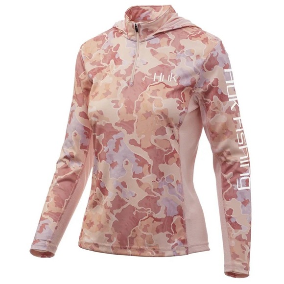 HUK Women's Current Camo Icon X Hooding Peach Fishing Shirt M - Picture 1 of 6